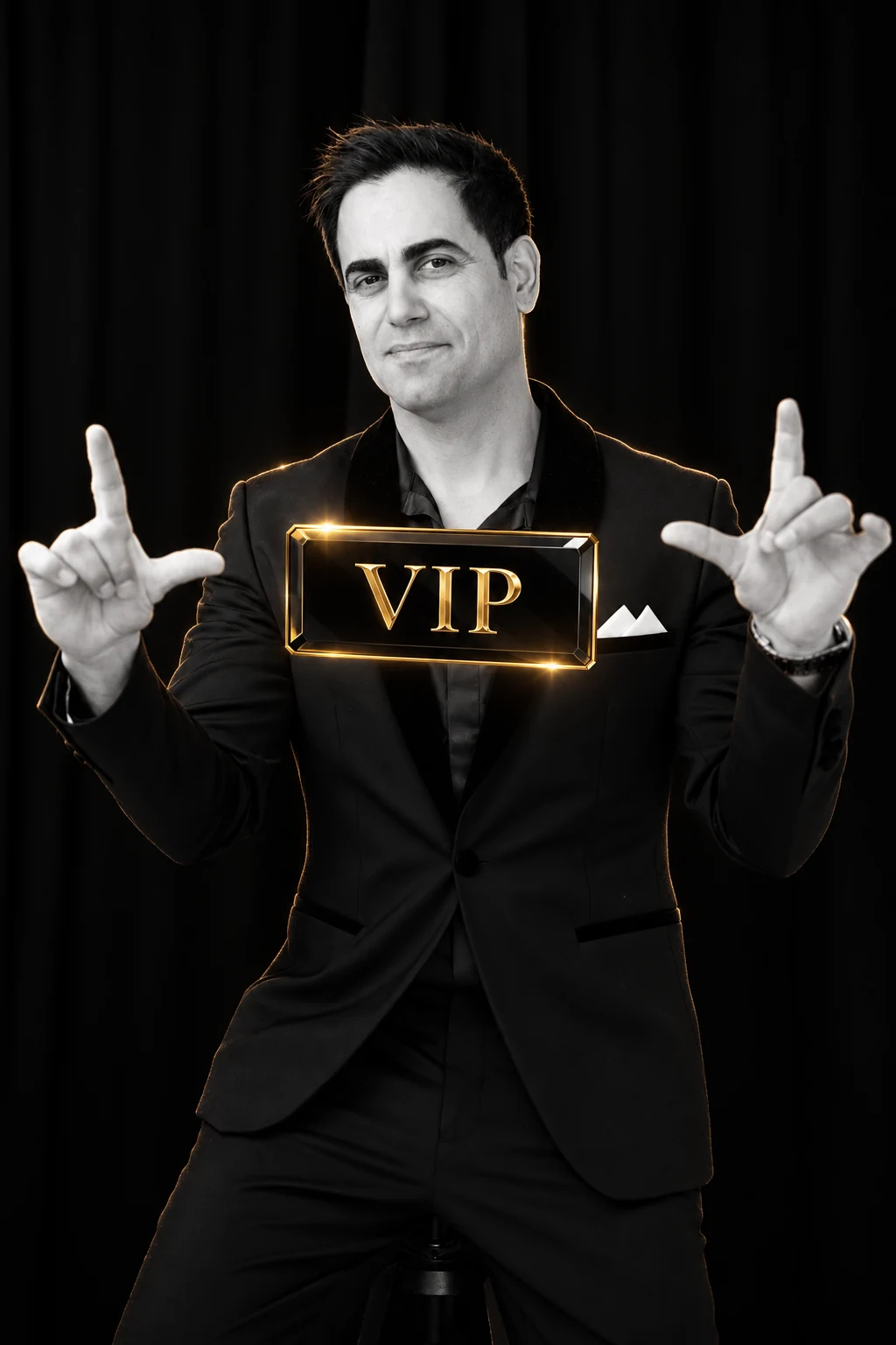 Marom Mor with a gold VIP invitation — luxury promotional portrait